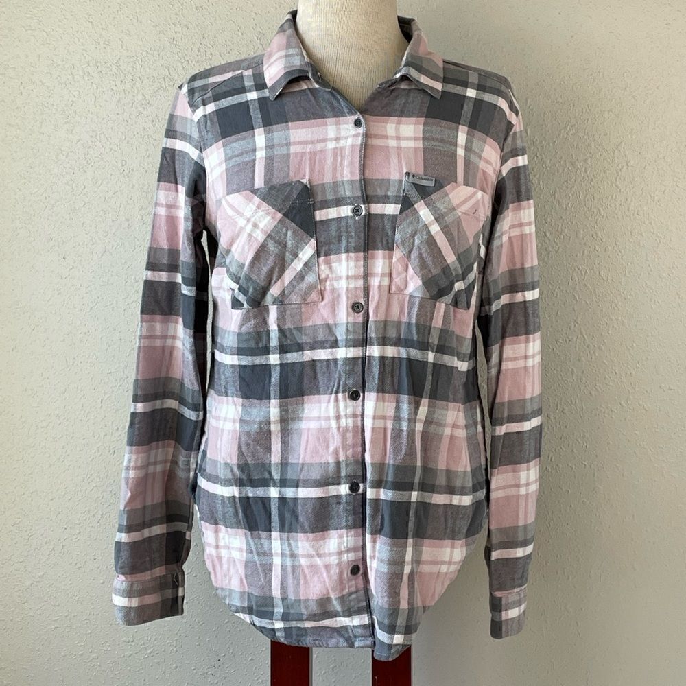 EUC Columbia Womens Pink/Gray/White Plaid Button Down Long Sleeve Shirt Size M